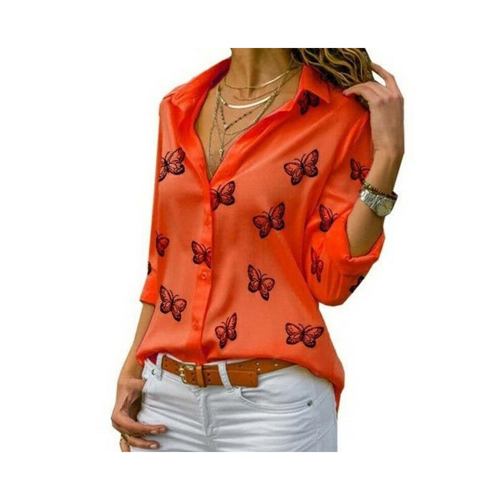 Maxpower (, 5XL) Women Long Sleeve Blouse Oversized Spring Autumn Turn Down Collar Loose Office Lady Casual Butterfly Printing Basic Red