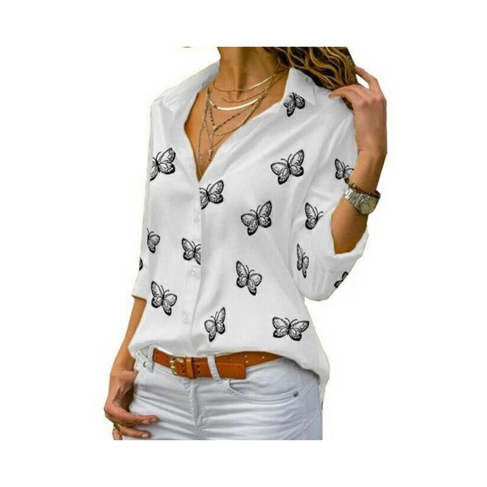 Maxpower (, Xxxl) Women Long Sleeve Blouse Oversized Spring Autumn Turn Down Collar Loose Office Lady Casual Butterfly Printing Basic White