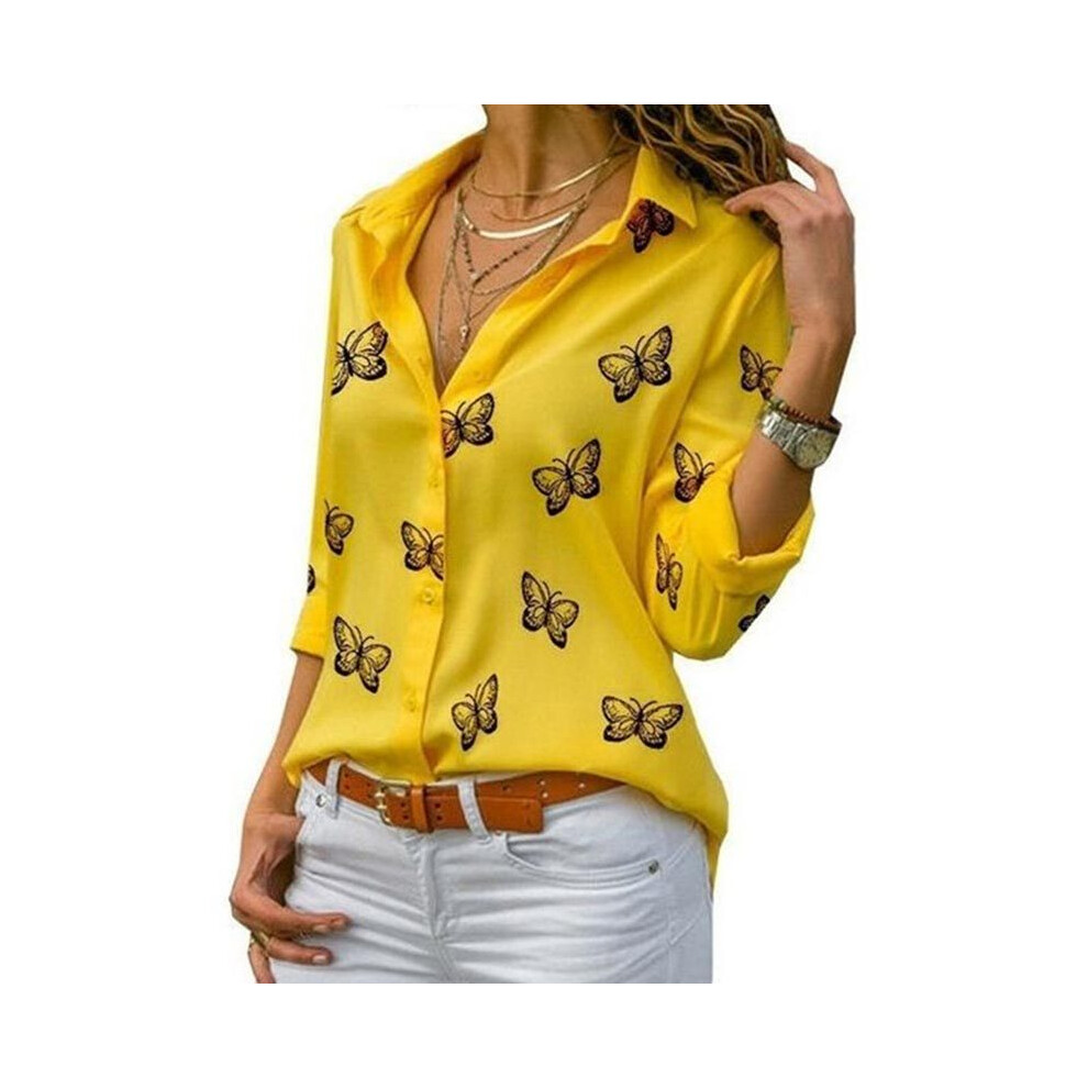 Maxpower (, 4XL) Women Long Sleeve Blouse Oversized Spring Autumn Turn Down Collar Loose Office Lady Casual Butterfly Printing Basic Yellow