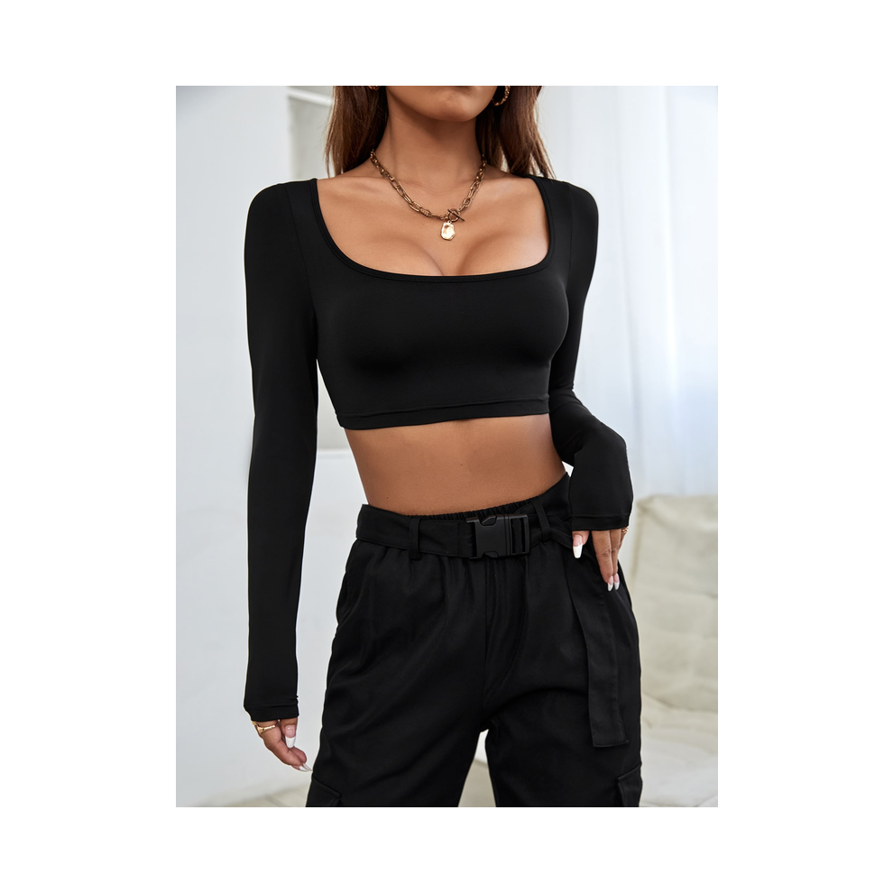 (black  78388-2, XS) Sexy women's fashion Squared Neck Cropped T-shirt, New Casual Long Sleeve Solid T-shirt, Women's Clothing Tops