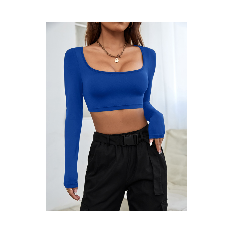(blue 78388-10, S) Sexy women's fashion Squared Neck Cropped T-shirt, New Casual Long Sleeve Solid T-shirt, Women's Clothing Tops