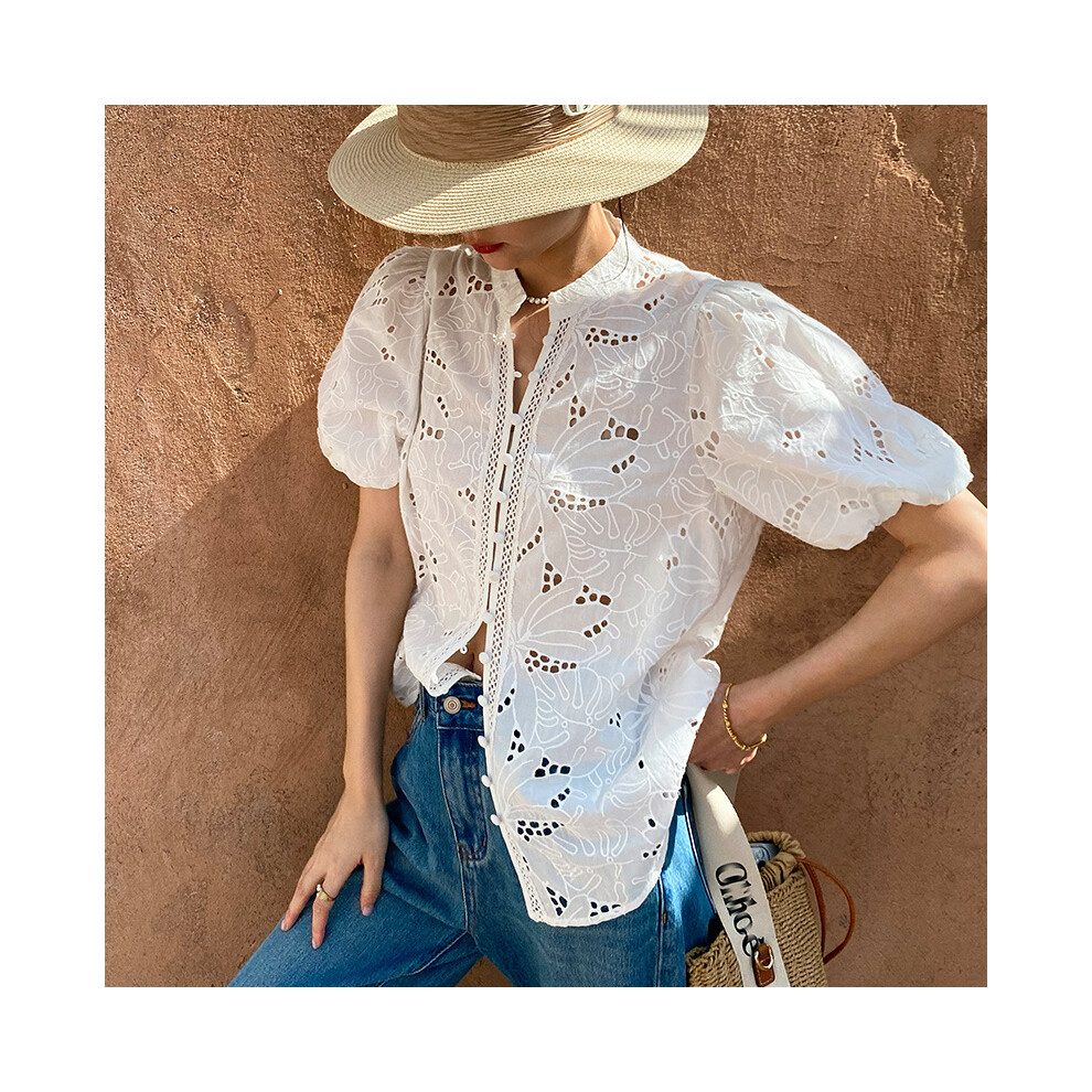 (WHITE, M) Bohemian White Embroidered Hollow Out Shirt Spring/Summer Casual Vacation Blouse  New in Women Clothing