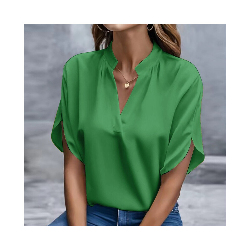 (Green, L) Women Elegant Solid Chiffon Blouse Spring Summer Casual Long Sleeve V Neck Yellow Office Lady White Shirt Tunics Basic Tops New