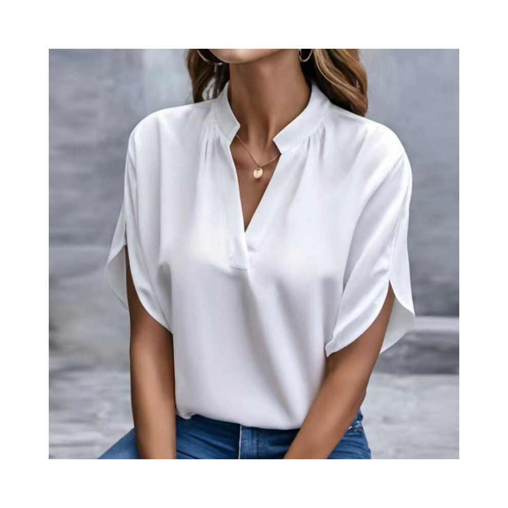 (White, L) Women Elegant Solid Chiffon Blouse Spring Summer Casual Long Sleeve V Neck Yellow Office Lady White Shirt Tunics Basic Tops New