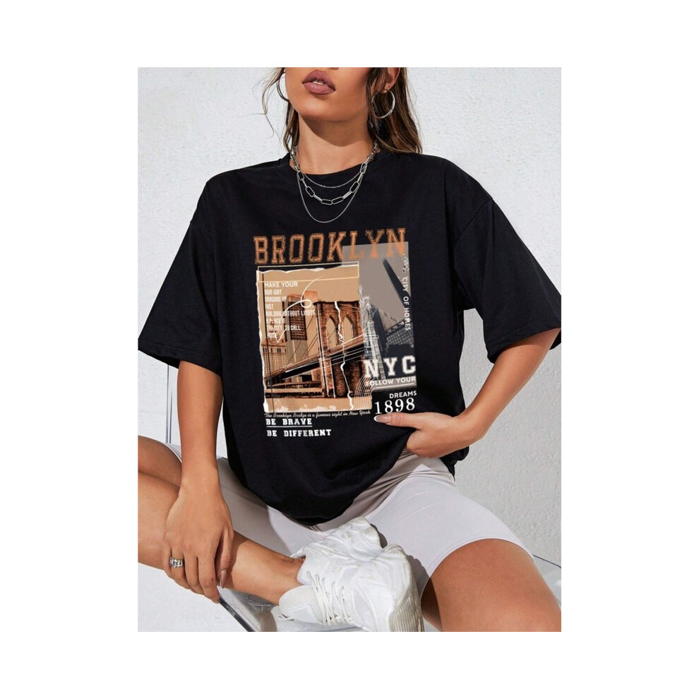 (black, L) Spring Woman Cotton T-Shirts Letter NYC 1898 Graphic Printed Tees Fashion Casual Female Clothes Comfortable Street Tops