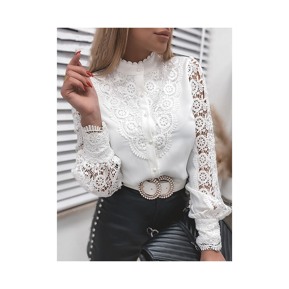 ((O-neck), L) Shirts Elegant Office Ladies White Collared Lace Patchwork Hollow Out Button Up Womens Tops And Blouses  Fashion New Blouse