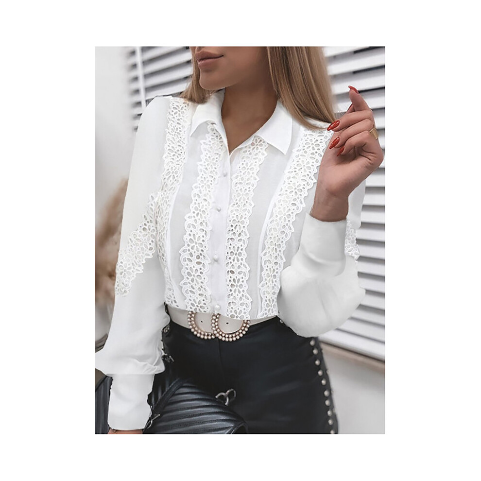 ((TurnDown), XXL) Shirts Elegant Office Ladies White Collared Lace Patchwork Hollow Out Button Up Womens Tops And Blouses  Fashion New Blouse