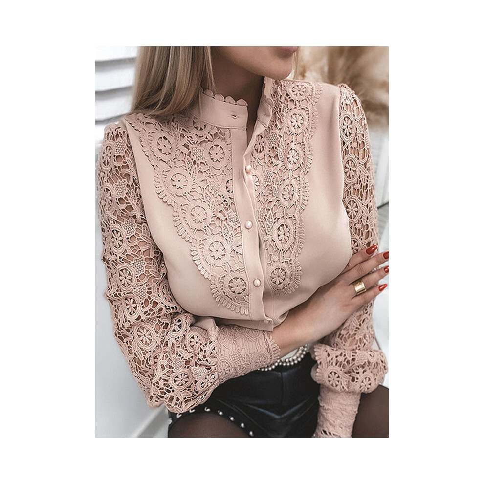 Maxpower (Pink, M) Shirts Elegant Office Ladies White Collared Lace Patchwork Hollow Out Button Up Womens Tops And Blouses Fashion New Blouse