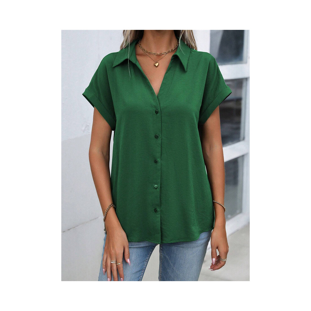 Maxpower (B48slth2412113541, Xxxl) Spring And Autumn New Solid Color Short-Sleeved Shirt Fashion Loose Temperament Shirt Folding Blouse Ms. Home Rest Shirt
