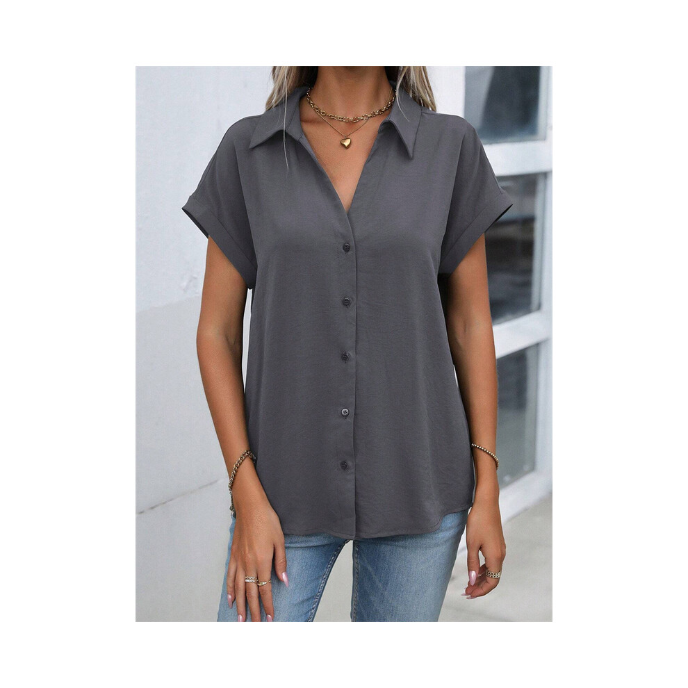 Maxpower (B48slth24121135410, Xxxl) Spring And Autumn New Solid Color Short-Sleeved Shirt Fashion Loose Temperament Shirt Folding Blouse Ms. Home Rest Shirt