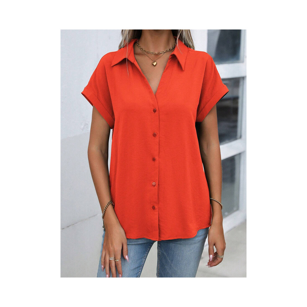 Maxpower (B48slth24121135411, Xxxl) Spring And Autumn New Solid Color Short-Sleeved Shirt Fashion Loose Temperament Shirt Folding Blouse Ms. Home Rest Shirt