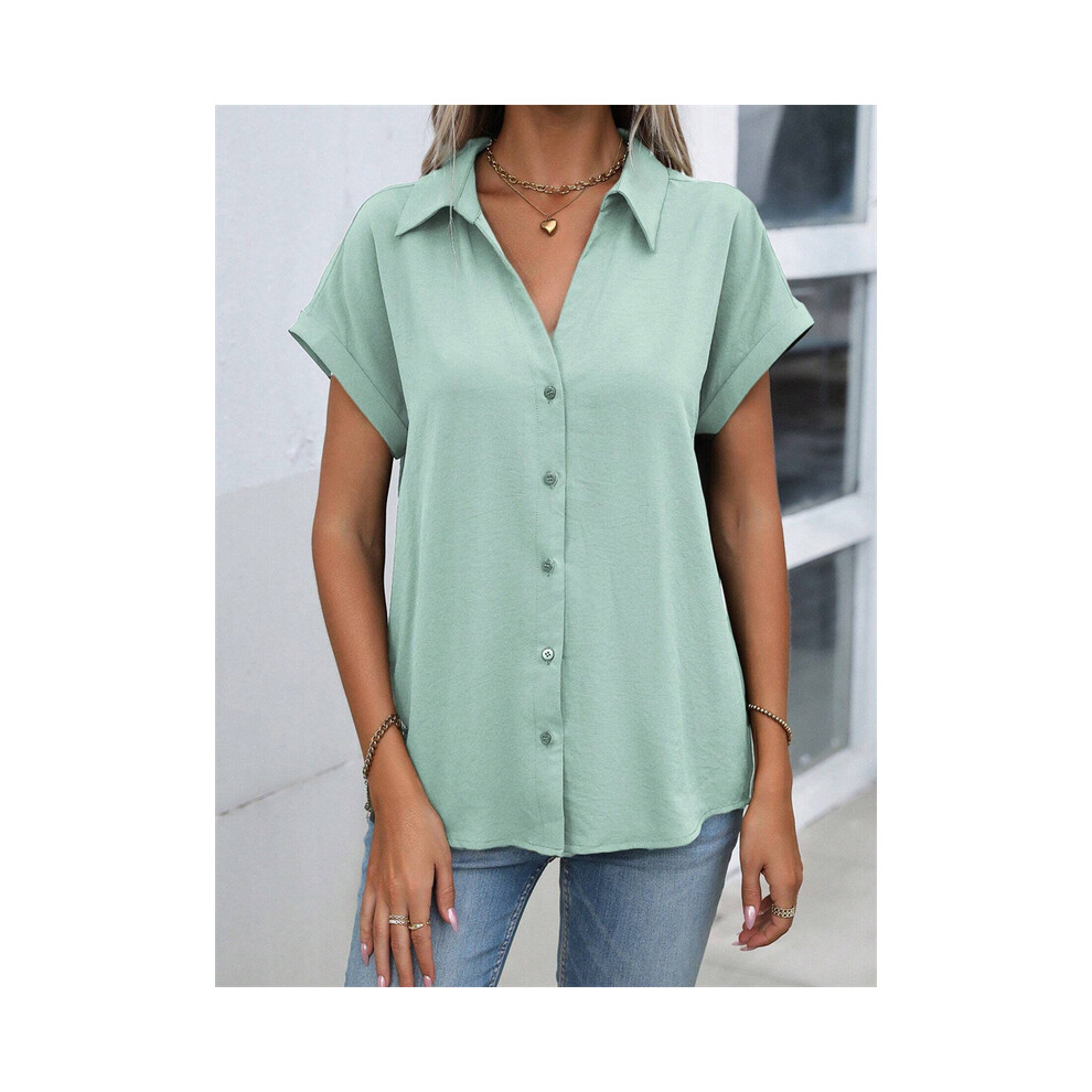 Maxpower (B48slth24121135412, Xxxl) Spring And Autumn New Solid Color Short-Sleeved Shirt Fashion Loose Temperament Shirt Folding Blouse Ms. Home Rest Shirt
