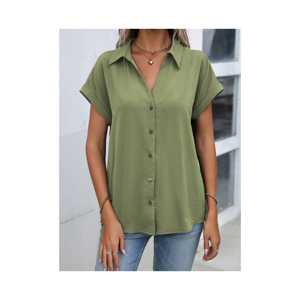 Maxpower (B48slth24121135413, S) Spring And Autumn New Solid Color Short-Sleeved Shirt Fashion Loose Temperament Shirt Folding Blouse Ms. Home Rest Shirt