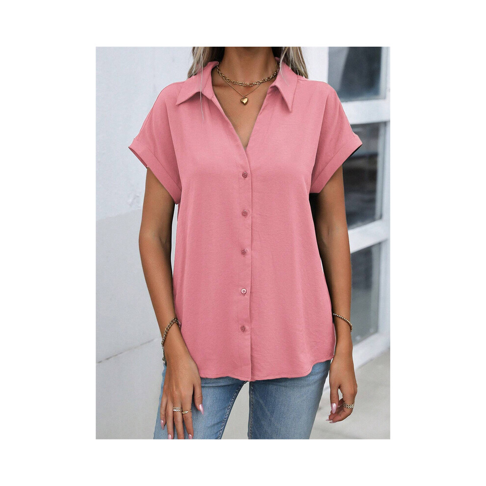 Maxpower (B48slth24121135414, Xxxl) Spring And Autumn New Solid Color Short-Sleeved Shirt Fashion Loose Temperament Shirt Folding Blouse Ms. Home Rest Shirt