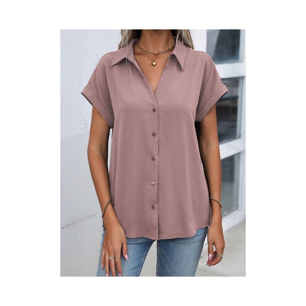 Maxpower (B48slth24121135415, L) Spring And Autumn New Solid Color Short-Sleeved Shirt Fashion Loose Temperament Shirt Folding Blouse Ms. Home Rest Shirt