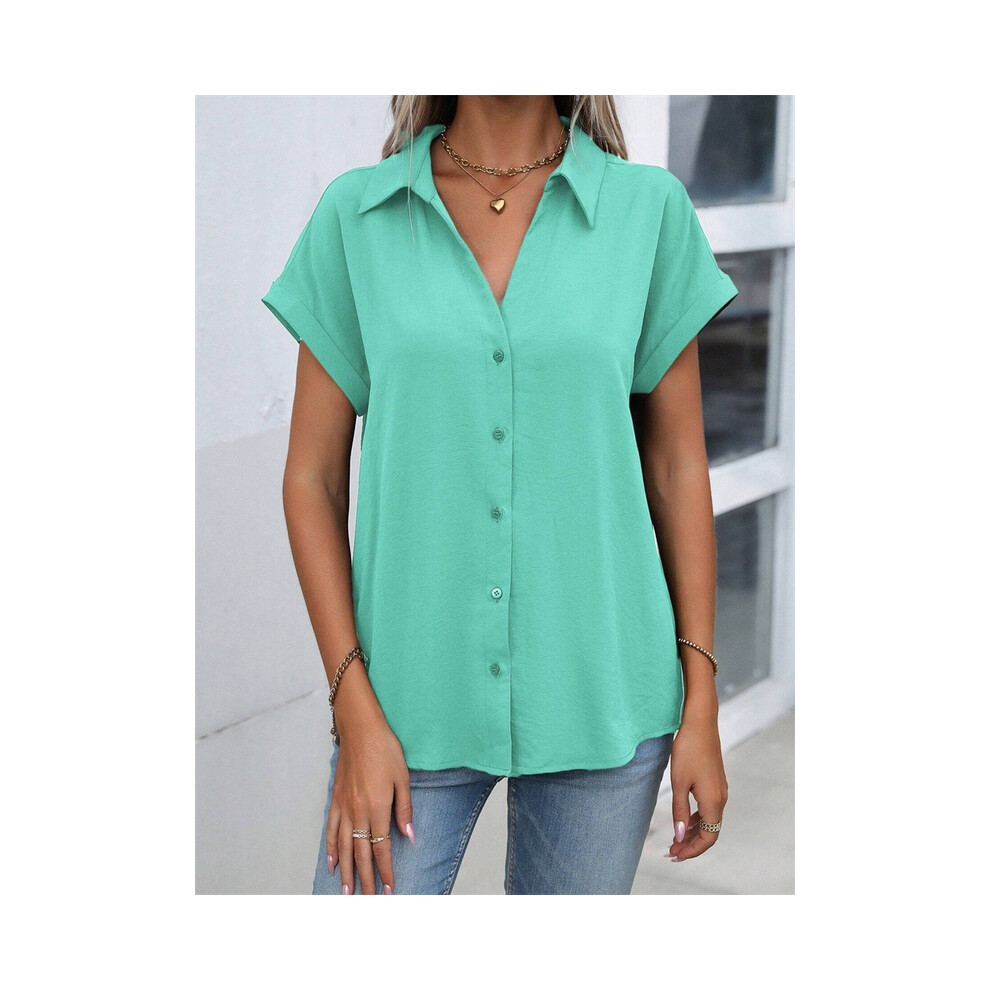 Maxpower (B48slth24121135416, L) Spring And Autumn New Solid Color Short-Sleeved Shirt Fashion Loose Temperament Shirt Folding Blouse Ms. Home Rest Shirt