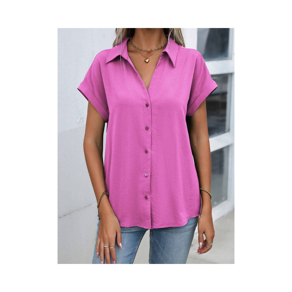 Maxpower (B48slth2412113542, Xxl) Spring And Autumn New Solid Color Short-Sleeved Shirt Fashion Loose Temperament Shirt Folding Blouse Ms. Home Rest Shirt