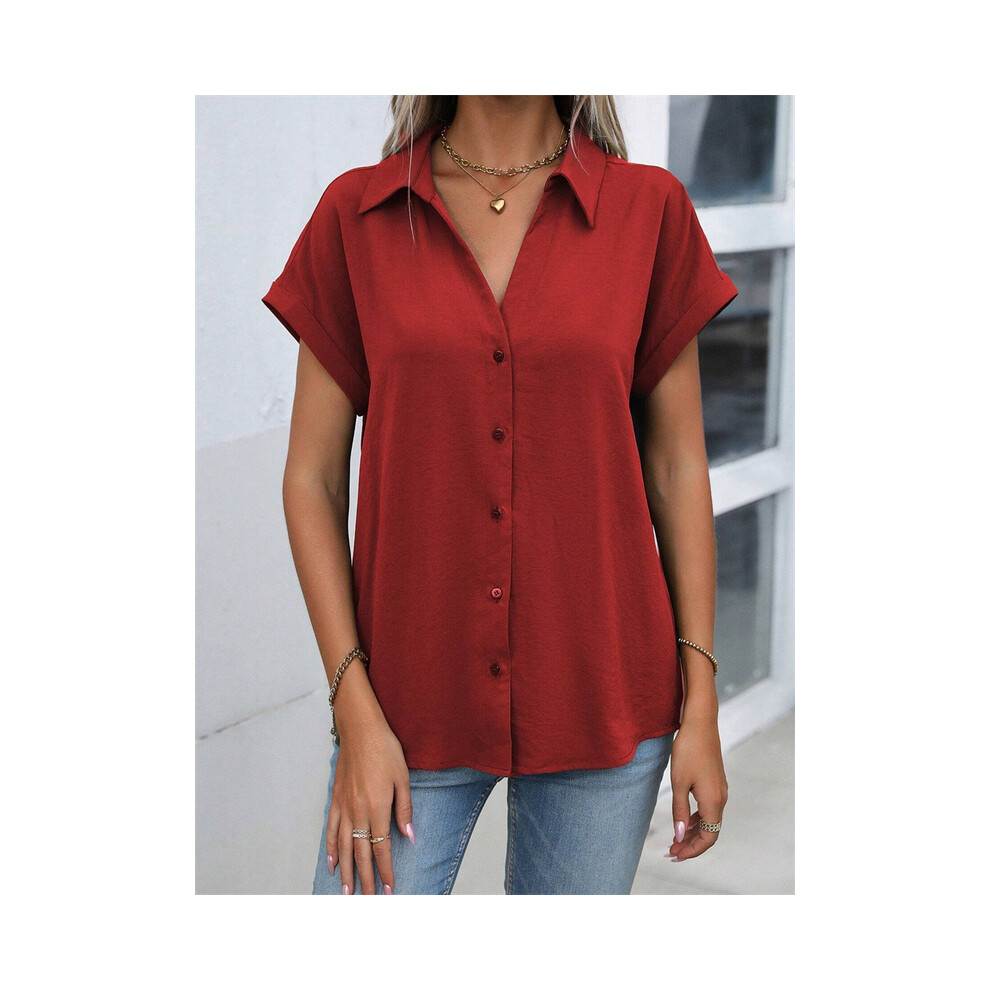 Maxpower (B48slth2412113543, Xxl) Spring And Autumn New Solid Color Short-Sleeved Shirt Fashion Loose Temperament Shirt Folding Blouse Ms. Home Rest Shirt