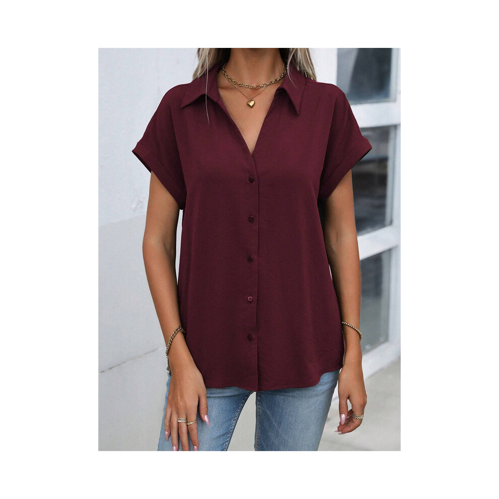 Maxpower (B48slth2412113544, Xl) Spring And Autumn New Solid Color Short-Sleeved Shirt Fashion Loose Temperament Shirt Folding Blouse Ms. Home Rest Shirt