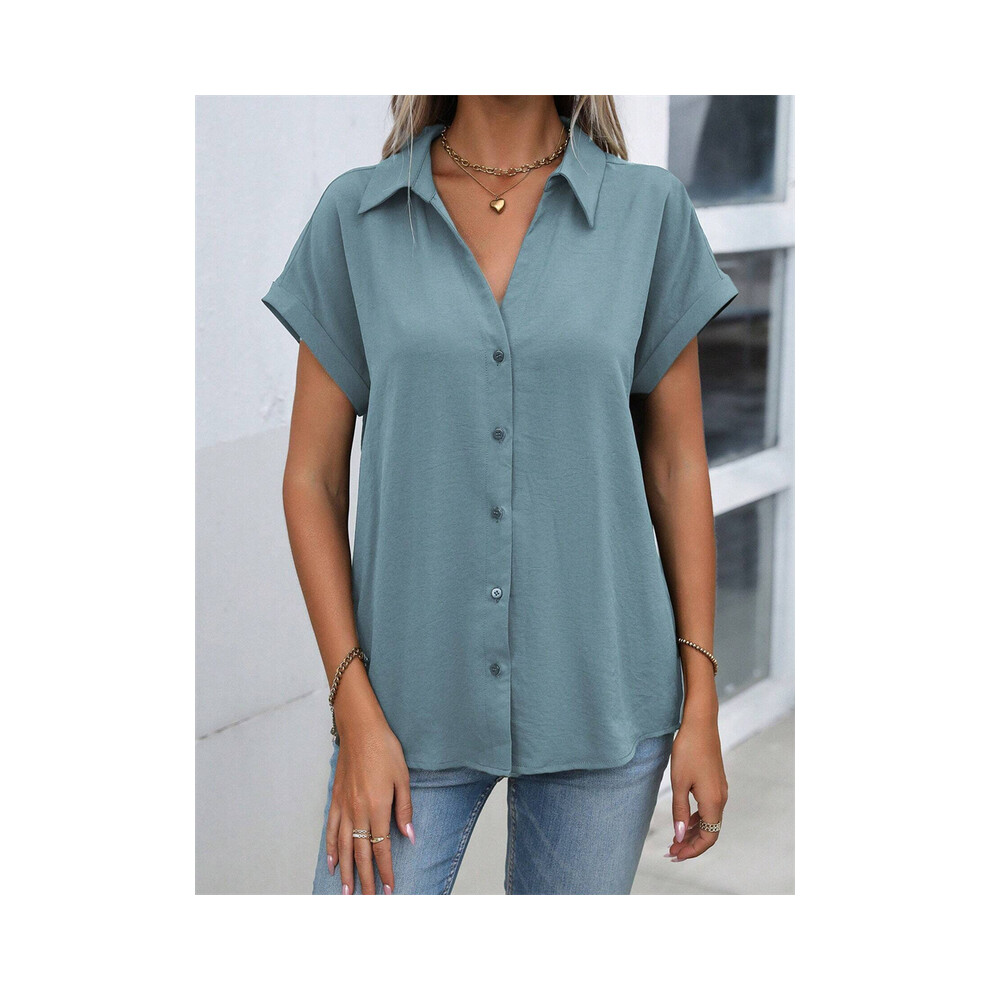 Maxpower (B48slth2412113545, Xxxl) Spring And Autumn New Solid Color Short-Sleeved Shirt Fashion Loose Temperament Shirt Folding Blouse Ms. Home Rest Shirt