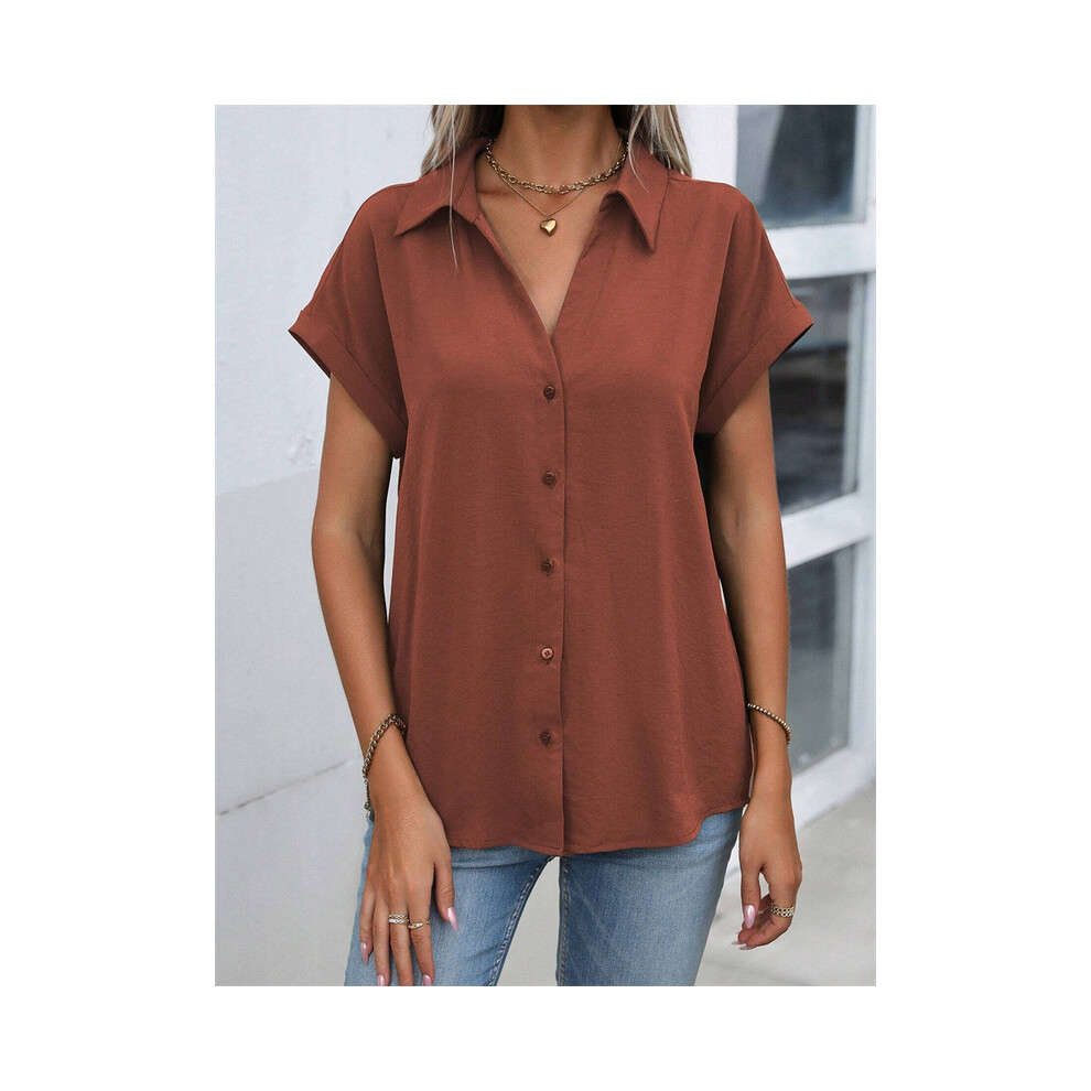 Maxpower (B48slth2412113546, L) Spring And Autumn New Solid Color Short-Sleeved Shirt Fashion Loose Temperament Shirt Folding Blouse Ms. Home Rest Shirt