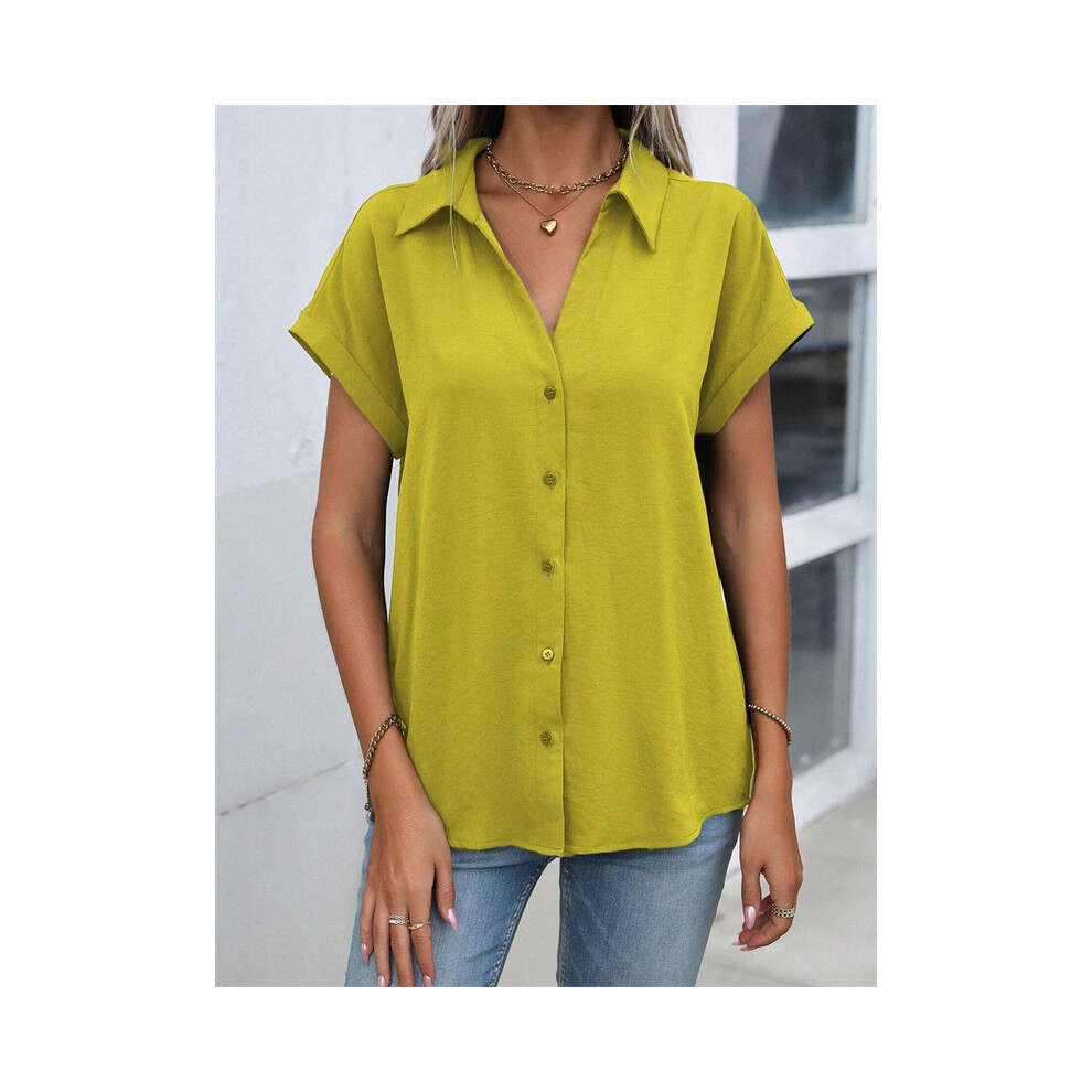 Maxpower (B48slth2412113547, S) Spring And Autumn New Solid Color Short-Sleeved Shirt Fashion Loose Temperament Shirt Folding Blouse Ms. Home Rest Shirt