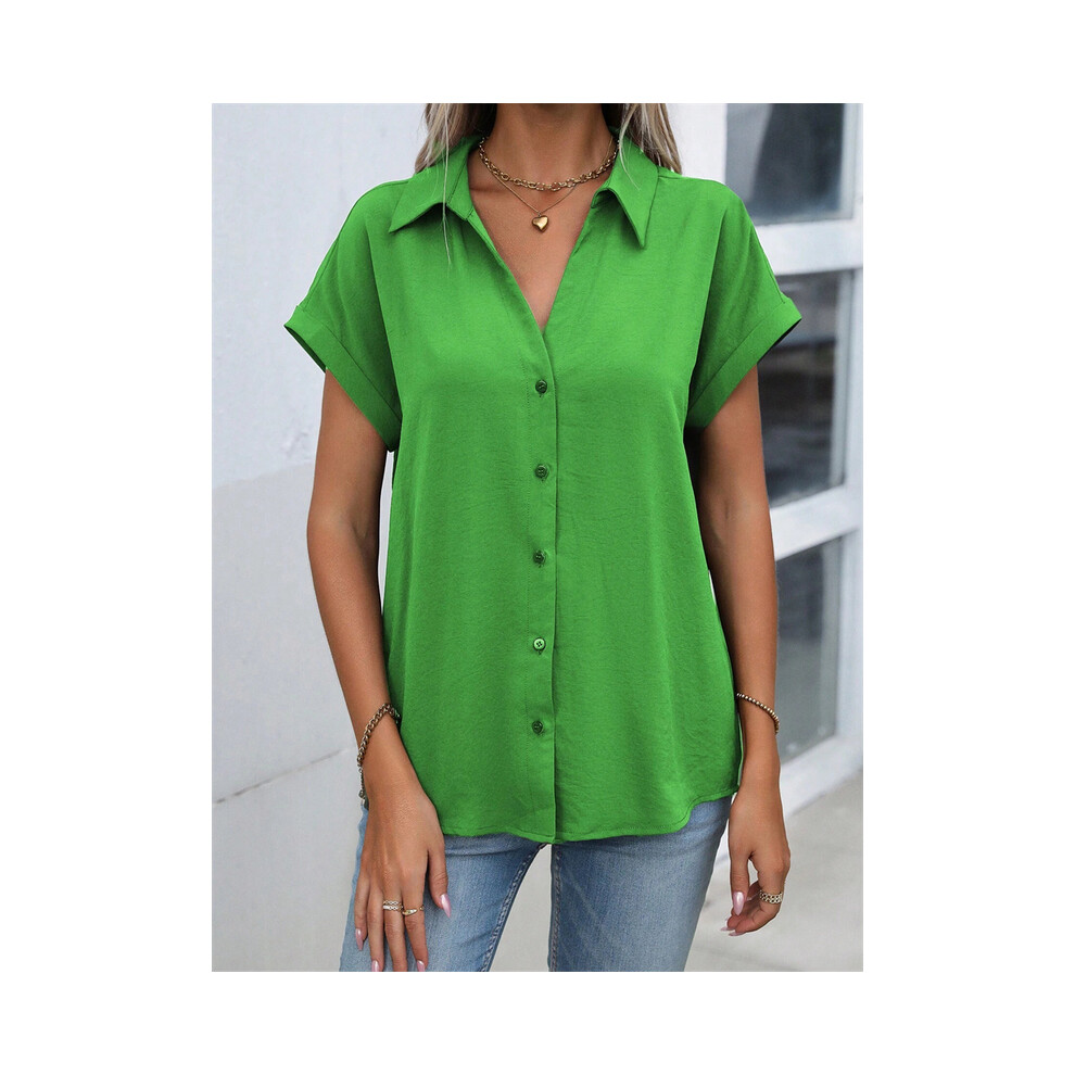 Maxpower (B48slth2412113548, L) Spring And Autumn New Solid Color Short-Sleeved Shirt Fashion Loose Temperament Shirt Folding Blouse Ms. Home Rest Shirt