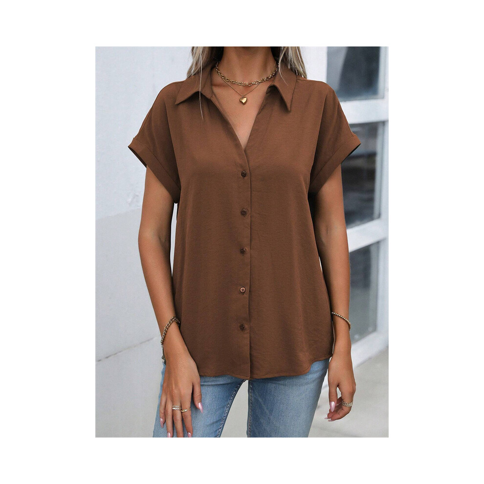 Maxpower (B48slth2412113549, Xl) Spring And Autumn New Solid Color Short-Sleeved Shirt Fashion Loose Temperament Shirt Folding Blouse Ms. Home Rest Shirt