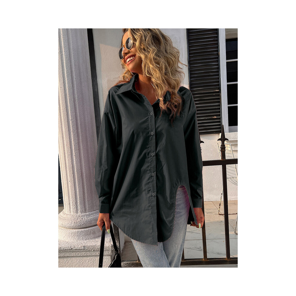 (Black, L) New Long Sleeve Ladies Tops Blouses Button Down Casual Shirt Women Turn-down Solid Collar Loose Blouse Women