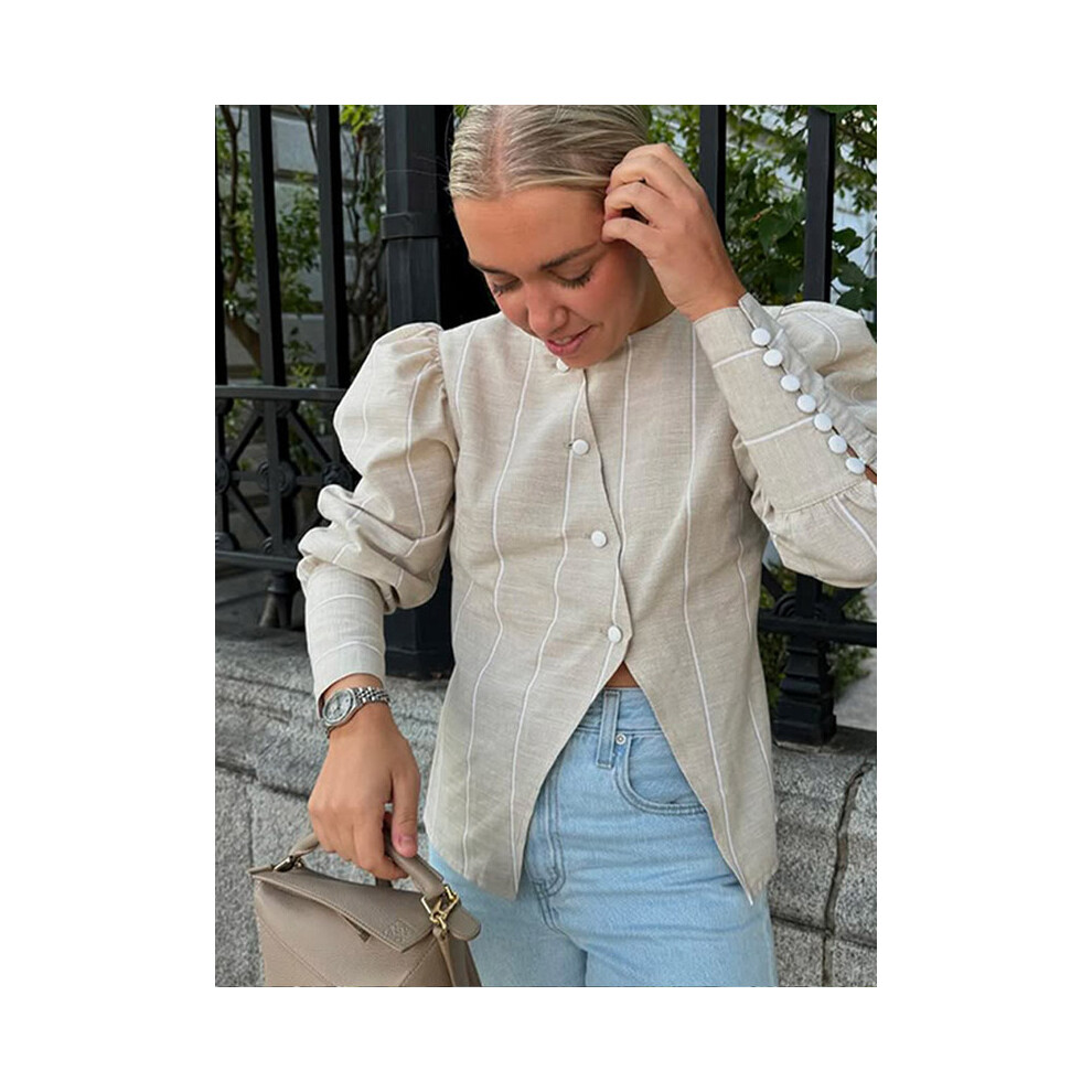 Maxpower (Picture Color (1), M) Chic Bubble Sleeve Irregular Slanted Button Shirt Elegant O Neck Stripe Slit Casual Blouse New Spring Summer Commuter Top
