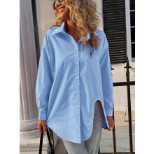 (Blue, M) New Long Sleeve Ladies Tops Blouses Button Down Casual Shirt Women Turn-down Solid Collar Loose Blouse Women