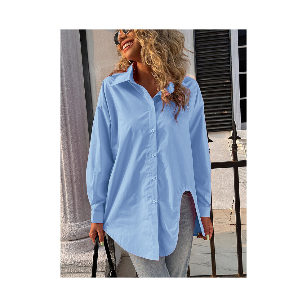 Maxpower (, Xxl) New Long Sleeve Ladies Tops Blouses Button Down Casual Shirt Women Turn-Down Solid Collar Loose Blouse Women Blue