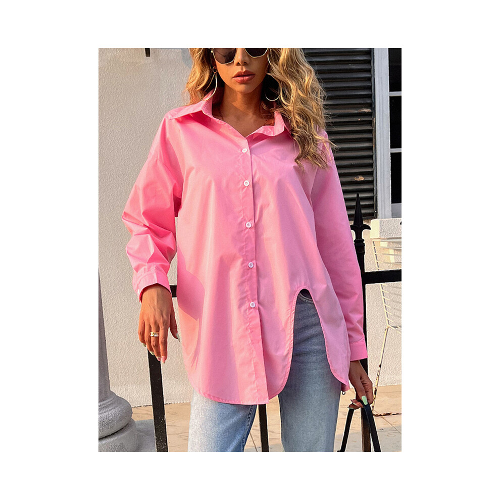 Maxpower (, Xxl) New Long Sleeve Ladies Tops Blouses Button Down Casual Shirt Women Turn-Down Solid Collar Loose Blouse Women Pink