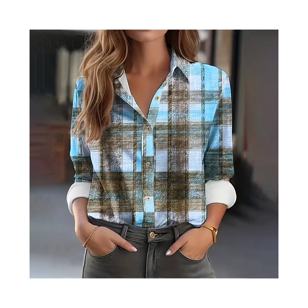 (B25SLCZ113014221, M) Plus Size Casual Button Shirts  New Women's Lapel Long Sleeve Basic Tops Checkered Shirts 3d Printed Blouse For Daily Office