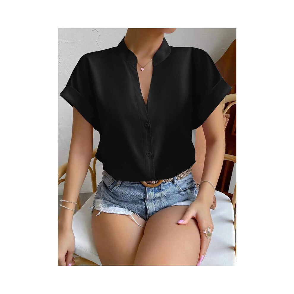 (black., L) Summer V-neck Women's Shirt Casual Office Lady Solid Color Short Sleeve Single Breasted Elegant Women Blouse Femme Blusas