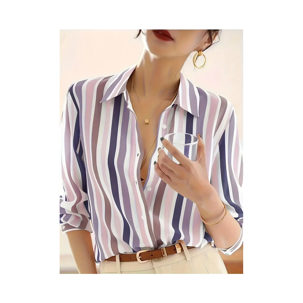(B25SLCZ113014228, S) Plus Size Casual Button Shirts  New Women's Lapel Long Sleeve Basic Tops Checkered Shirts 3d Printed Blouse For Daily Office
