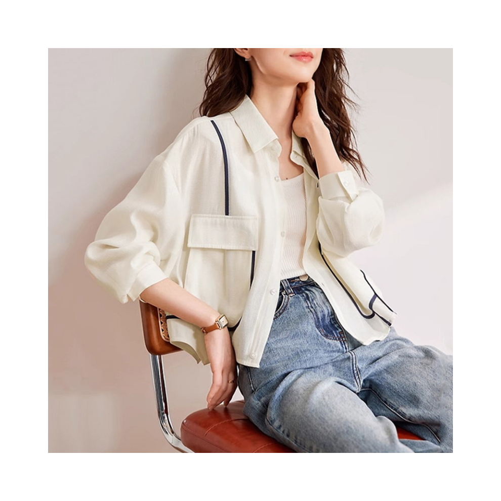 (Beige, M) Women Spring Summer Simplicity Office Lady Contrasting Colors Polo Collar Long Sleeve Shirts Ladies Fashion All-match Trend Tops