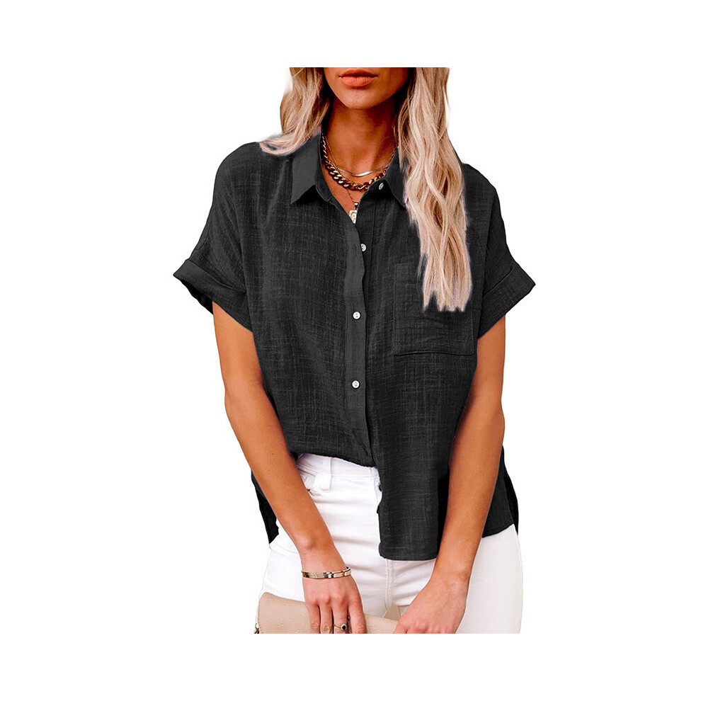 (LL9995 Black, S) Women' Size Spring Summer New Casual Shirts Tops Cotton Linen Pocket Solid Short Sleeve Shirt T-shirt Women's Blouse
