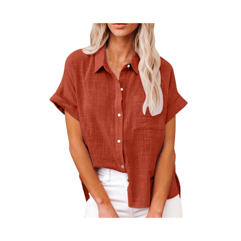 (LL9995 Orange, XXL) Women' Size Spring Summer New Casual Shirts Tops Cotton Linen Pocket Solid Short Sleeve Shirt T-shirt Women's Blouse