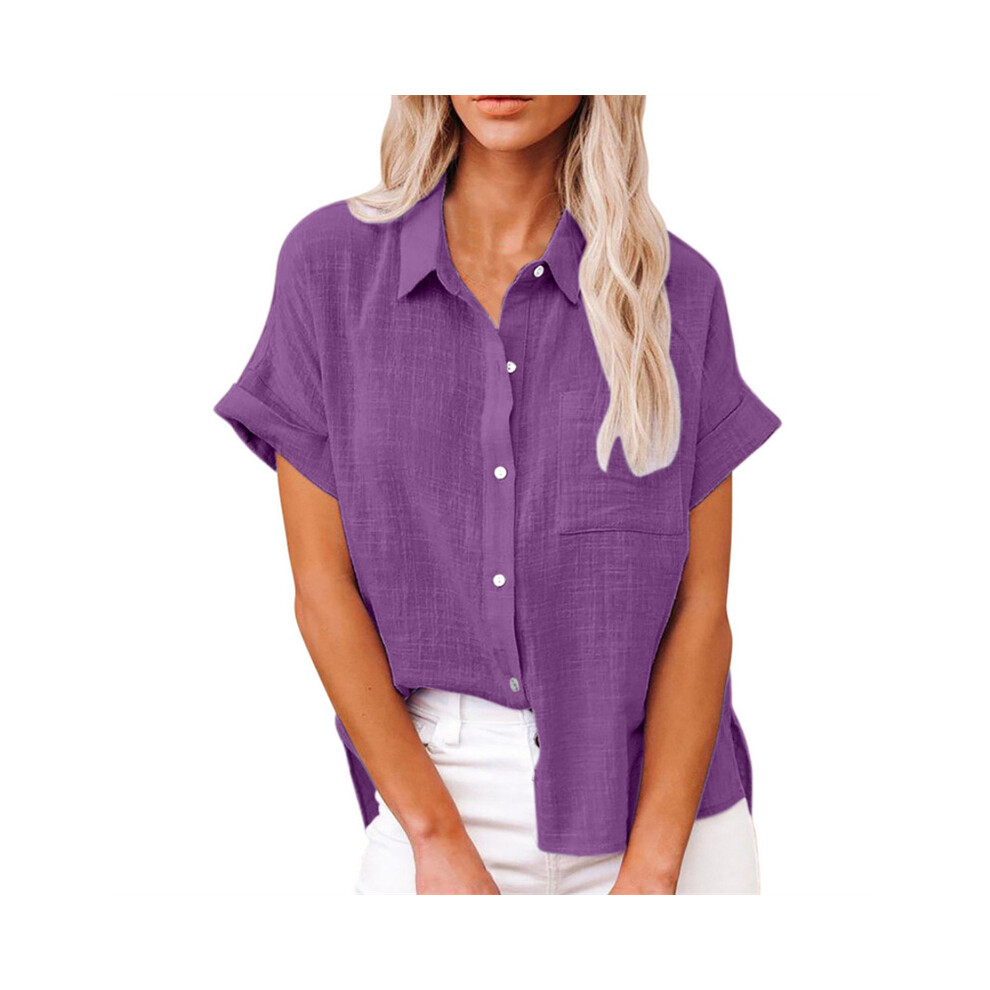(LL9995 Purple, M) Women' Size Spring Summer New Casual Shirts Tops Cotton Linen Pocket Solid Short Sleeve Shirt T-shirt Women's Blouse