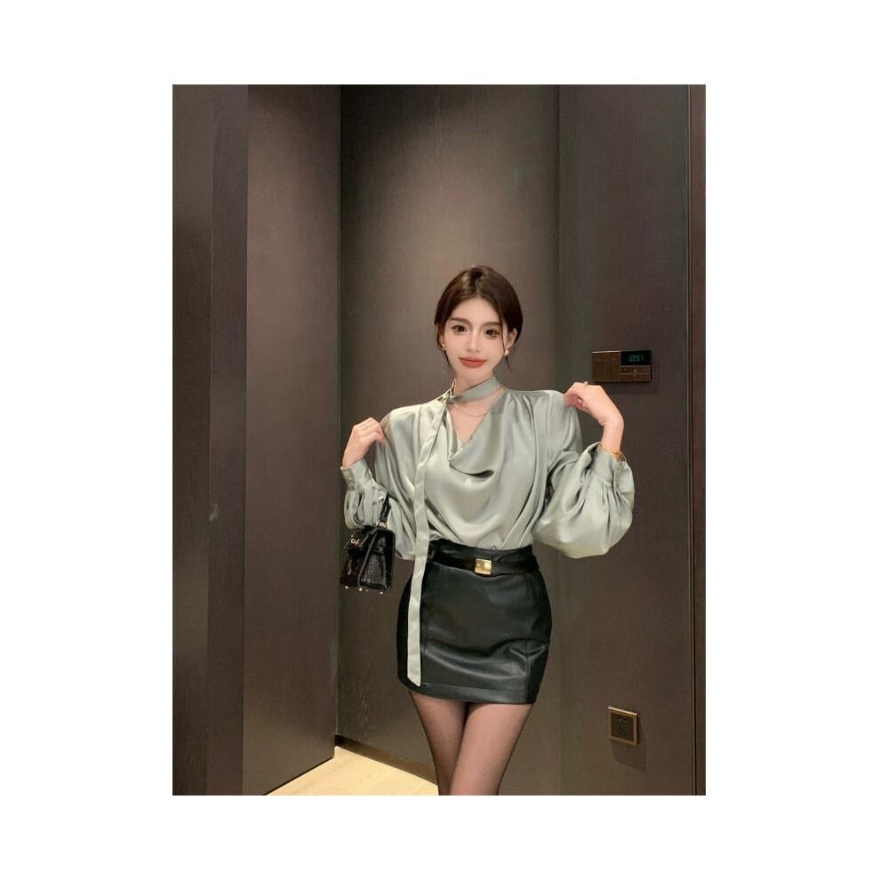 Maxpower (Green, L) Women Spring Summer Simplicity Office Lady Lacing Solid Color V-Neck Long Sleeve Shirts Ladies Fashion All-Match Trend Tops