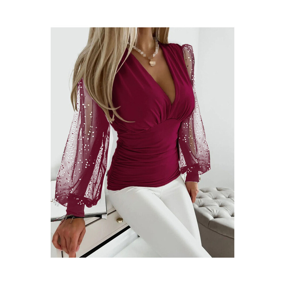 (Burgundy, XL) Sexy V Neck Lace Tight Fitting Shirt Blouse Office Loady Spring Fashion Elegant Solid Hollow Out Shirt For Women Female Tops