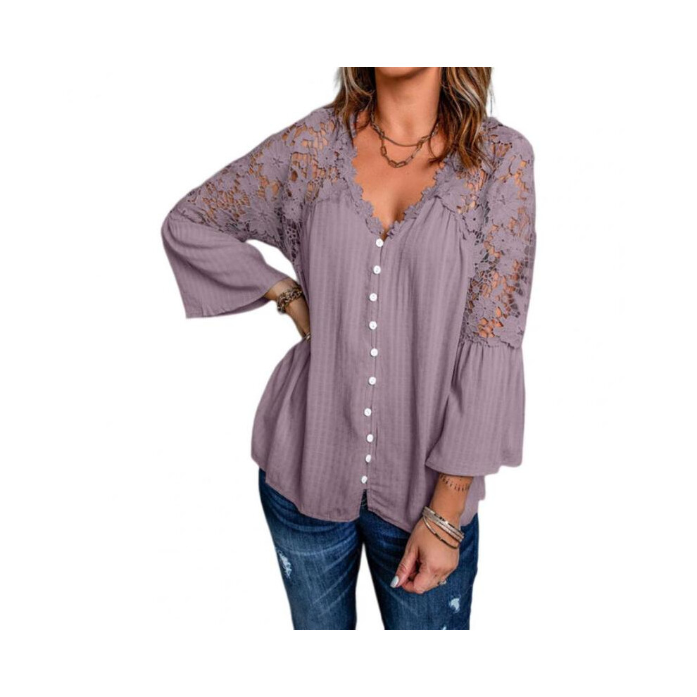 (Dark Purple, 3XL) Women Blouse V-neck 3/4 Flared Sleeve Solid Color Single Breasted Women Blouse Hollow Out Lace Stitching Loose Shirt Top-image-OPC-PG8YQFR-NEW