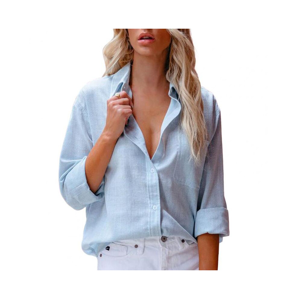 (Sky Blue, XL) Casual Shirt for Women Blouses Single Breasted Long Sleeve Blouses Women Office Shirt Ladies Shirts chemise femme