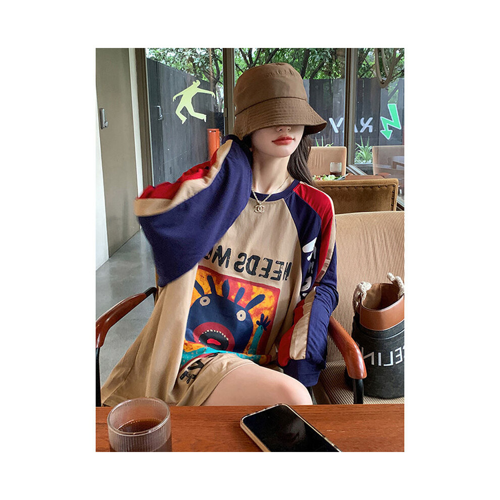 (Khaki, XXL) Women Spring Autumn Fashion Loose Contrasting Colors Printing O-neck Long Sleeve T-Shirt Ladies Casual Large Size Trend Tops