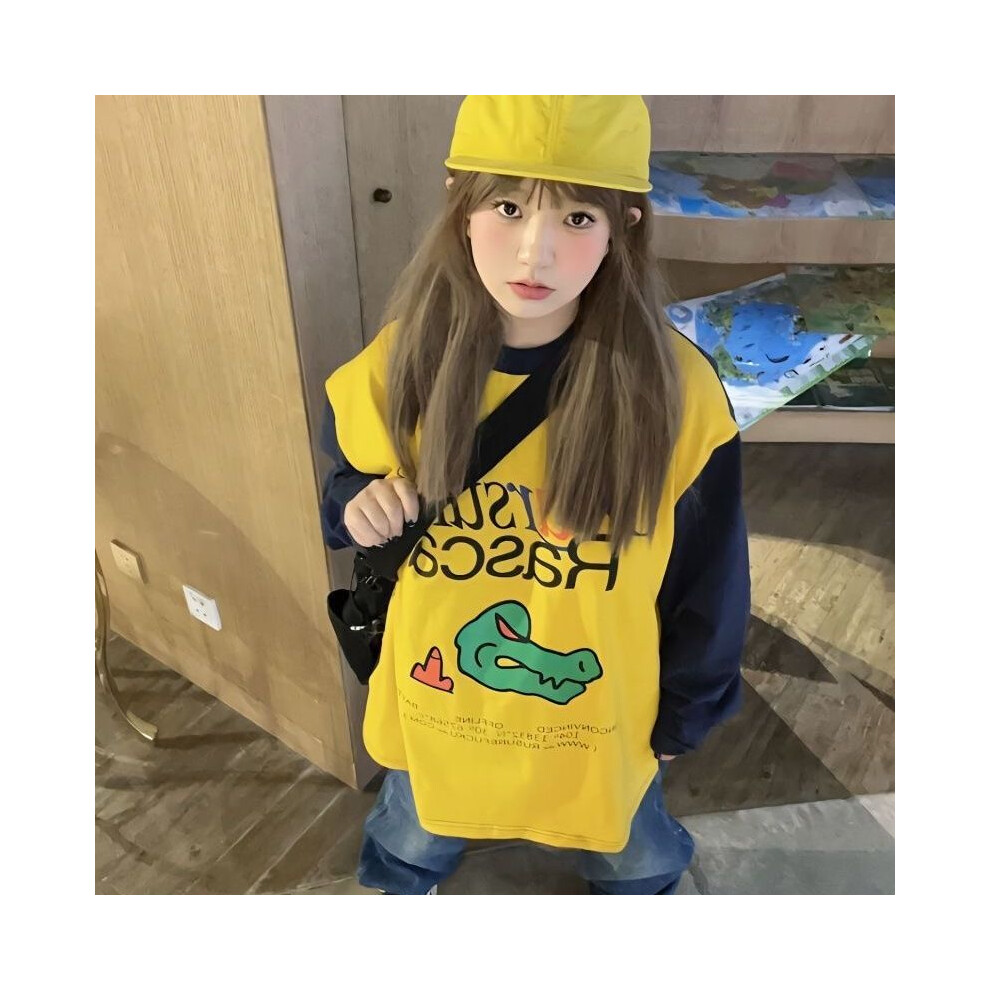 (Yellow, L) American Style Vintage Loose Patchwork Printing Contrasting Colors Long Sleeve T-Shirt Women Spring Summer Fashion Trend Tops