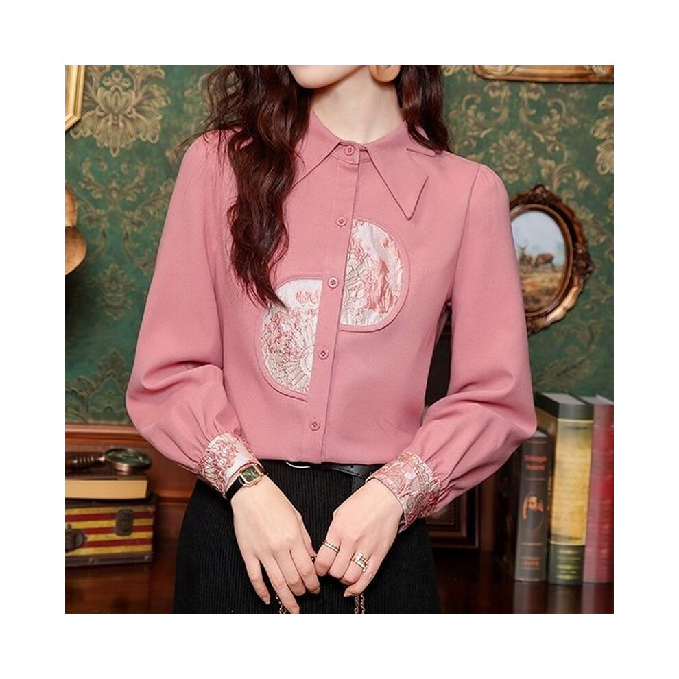 (Pink Red, S) Women Clothing Pink Long Sleeve Patchwork Print Shirt Tops Spring Autumn New Long Sleeve Polo Neck Fashion Blouse Elegant Office