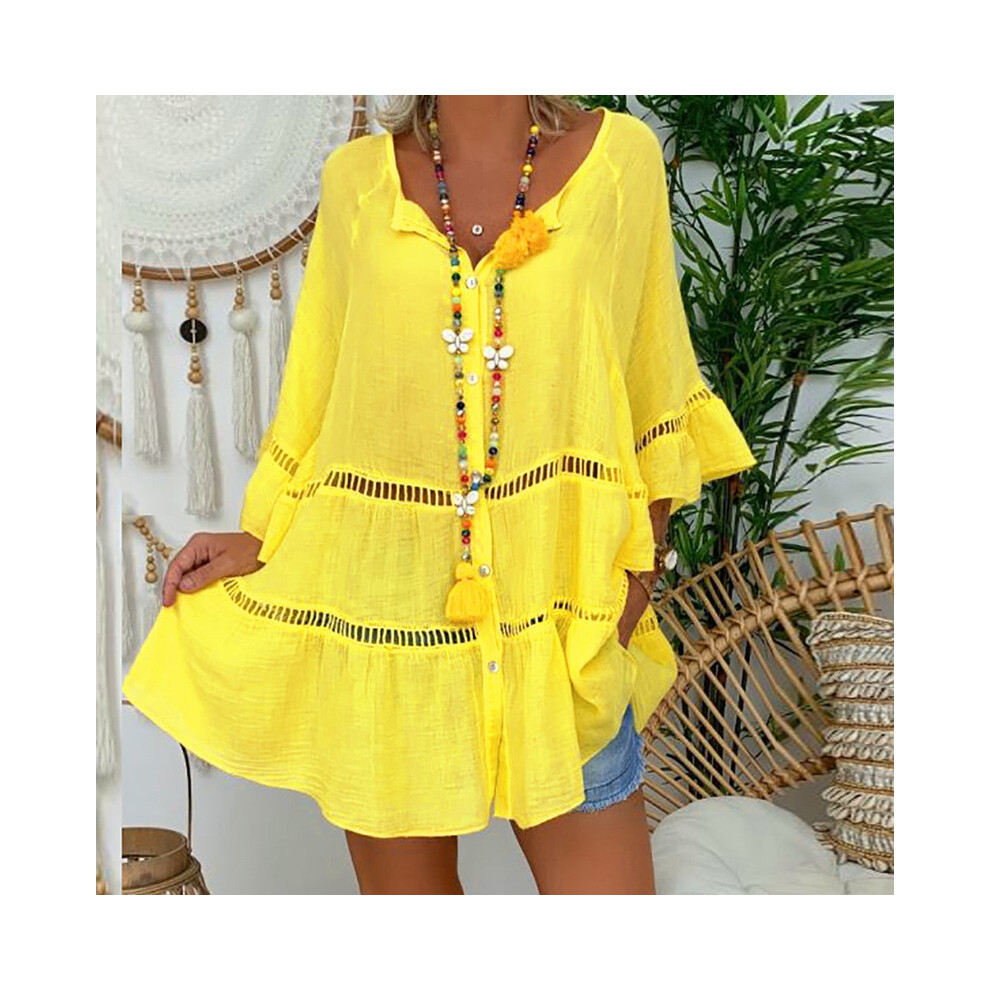 (Yellow, S) Summer Loose Casual Women's Tops And Blouses Three Quarter Sleeve Cotton Linen Shirts Button Hollow Over Size Long Top
