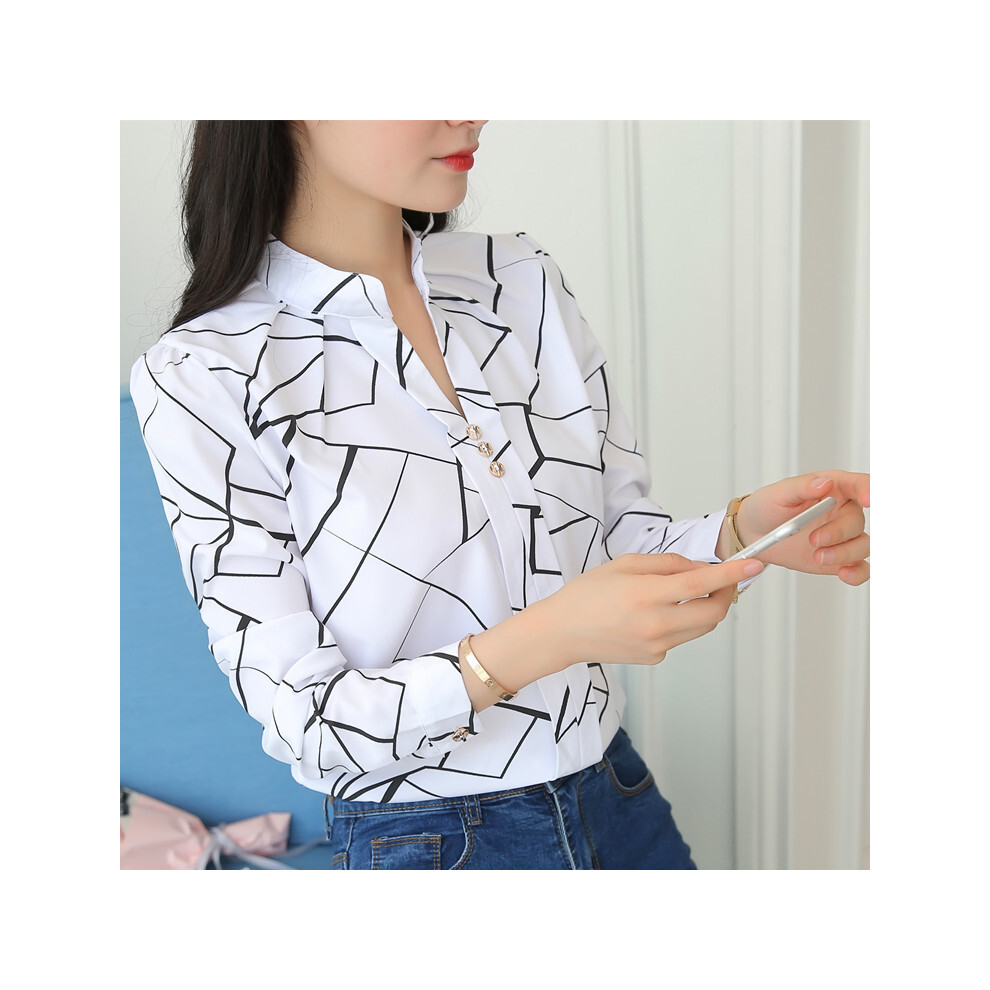 (A01, L) Women White Tops and Blouses Fashion Stripe Print Casual Long Sleeve Office Lady Work Shirts Female Slim Blusas