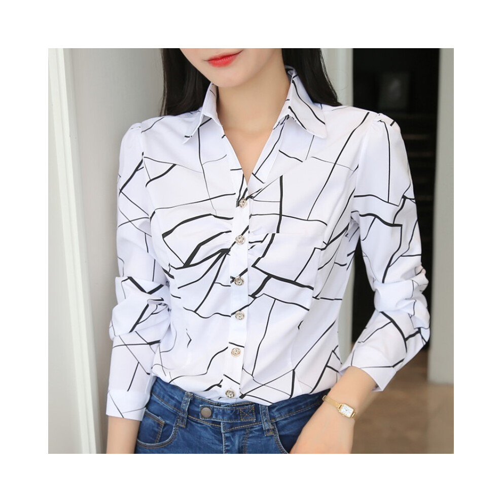 (B01, L) Women White Tops and Blouses Fashion Stripe Print Casual Long Sleeve Office Lady Work Shirts Female Slim Blusas